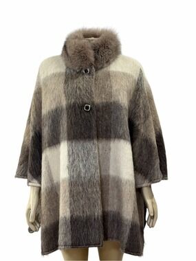Women's Plaid  Fur Cape Coat in Brown and Cream